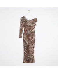 River Island - Brown Leopard Print Ruched Bodycon Midi Dress - Lyst