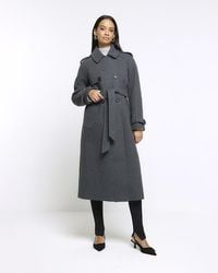 River Island - Grey Belted Longline Trench Coat - Lyst