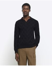 River Island - Black Slim Fit Textured Knit Long Sleeve Polo - Lyst