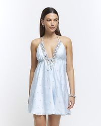 River Island - Blue Embellished Plunge Beach Mini Dress - Lyst