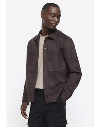 River Island - Brown Suedette Long Sleeve Shirt - Lyst