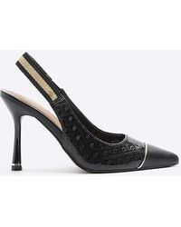 River Island - Black Embossed Monogram Heeled Court Shoes - Lyst