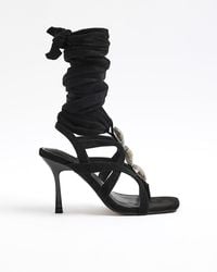 River Island - Black Embellished Tie Up Heeled Sandals - Lyst