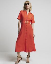 River Island - Red Belted Button Up Midi Shirt Dress - Lyst
