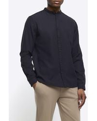 River Island - Black Slim Fit Grandad Collar Shirt - Lyst