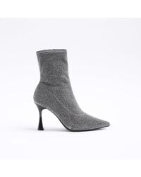 River Island - Silver Wide Fit Glitter Heeled Ankle Boots - Lyst