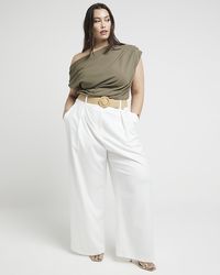 River Island - Plus White Belted Wide Leg Trousers - Lyst