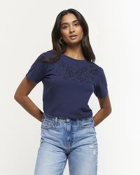 River Island - Navy Lace Cut Out T-shirt - Lyst