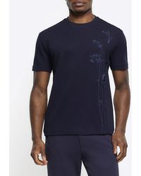 River Island - Navy Slim Fit Floral Embroidered T-shirt - Lyst