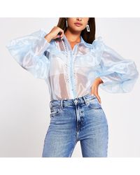 river island mid blue puff shoulder denim jacket