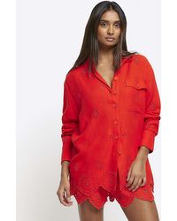River Island - Red Linen Blend Broderie Detail Shirt - Lyst