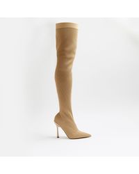 River Island Beige Thigh High Ribbed Sock Boots - Natural