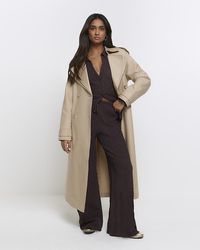 River Island - Brown Textured Wide Leg Trousers - Lyst