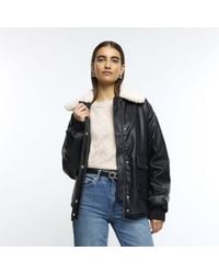 River Island - Black Faux Leather Shearling Bomber Jacket - Lyst