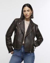 River Island - Brown Faux Leather Distressed Biker Jacket - Lyst
