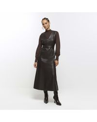 River Island - Faux Leather Belted Swing Midi Dress - Lyst