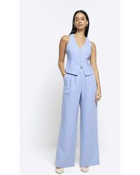 River Island - Blue Pleated Detail Wide Leg Trousers - Lyst