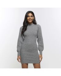 River Island - Knitted Puff Sleeve Jumper Mini Dress - Lyst
