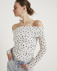 River Island - White Ruched Spot Bardot Top - Lyst