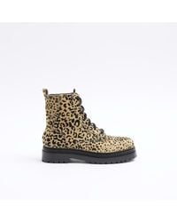 River Island - Brown Leather Animal Print Lace Up Boots - Lyst