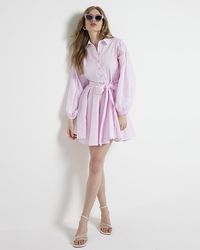 River Island - Pink Stripe Belted Mini Shirt Dress - Lyst
