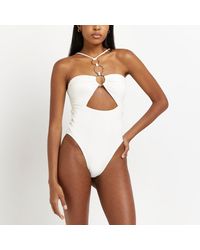River Island Cream Ribbed Cut Out Swimsuit - Natural
