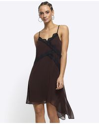 River Island - Brown Lace Trim Asymmetric Slip Mini Dress - Lyst