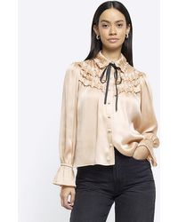 River Island - Pink Frill Bow Detail Blouse - Lyst