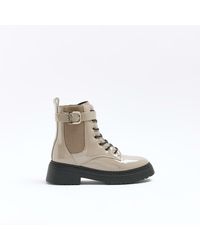 River Island - Beige Wide Fit Patent Buckle Boots - Lyst