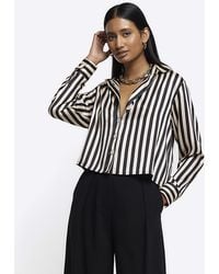 River Island - Black Satin Stripe Long Sleeve Crop Shirt - Lyst