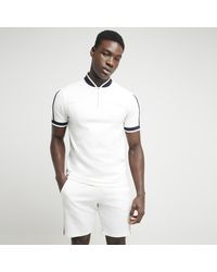 River Island - White Slim Fit Textured Taped Polo - Lyst