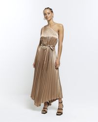 River Island - Gold Plisse Asymmetric Slip Midi Dress - Lyst