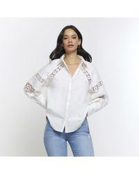 River Island - White Crochet Panel Oversized Shirt - Lyst