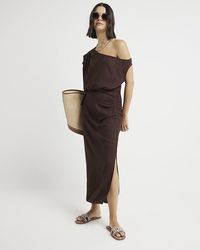River Island - Brown Linen Blend Ruched Bodycon Midi Dress - Lyst