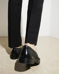 River Island - Black Leather Woven Trim Loafers - Lyst