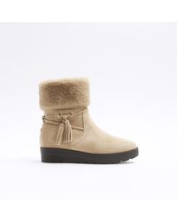 River Island - Beige Faux Fur Lining Wedge Boots - Lyst