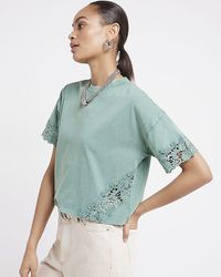 River Island - Green Lace Panel T-shirt - Lyst