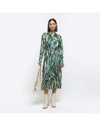 River Island - Green Abstract Belted Midi Shirt Dress - Lyst