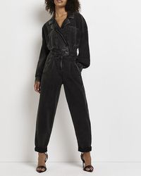 River Island Black Satin Long Sleeve Wide Leg Jumpsuit Womens Clothing Jumpsuits and rompers Full-length jumpsuits and rompers 