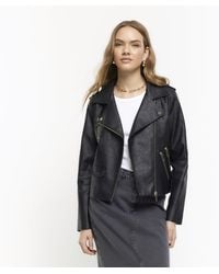 River Island - Faux Leather Zip Biker Jacket - Lyst