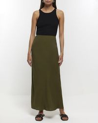 River Island - Khaki Midi Skirt With Linen - Lyst