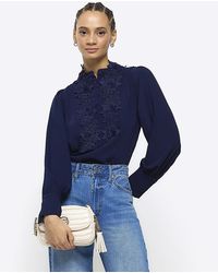 River Island - Navy Floral Long Sleeve Blouse - Lyst