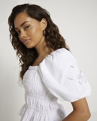 River Island - Petite White Shirred Puff Sleeve Blouse - Lyst