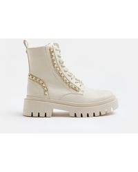 River Island - Cream Chain Lace Up Chunky Boots - Lyst
