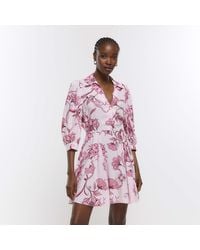 River Island - Pink Floral Tie Waist Mini Shirt Dress - Lyst