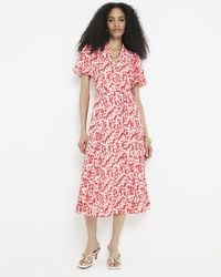 River Island - Red Floral Belted Midi Shirt Dress - Lyst