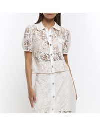 River Island - White Lace Puff Sleeve Shirt - Lyst