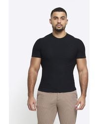 River Island - Black Muscle Fit Brick Knit T-shirt - Lyst