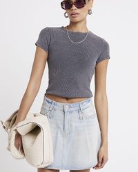 River Island - Grey Ribbed Washed Cropped T-shirt - Lyst