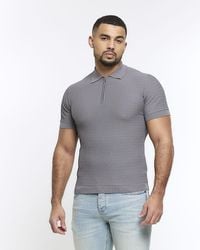 River Island - Grey Muscle Fit Knitted Half Zip Polo - Lyst